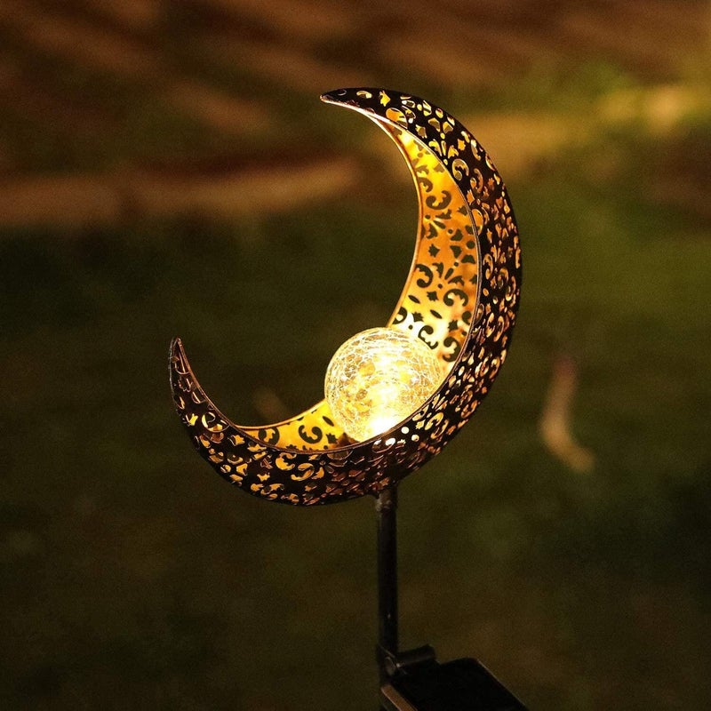 HDNICEZM Solar Garden Light Outdoor Decorative, Moon Decor Crackle Glass Globe Garden Stake Metal Lightsï¼ŒWaterproof Warm White LED for Pathway, Lawn, Patio, Yard Ornaments for Outside - Image 5
